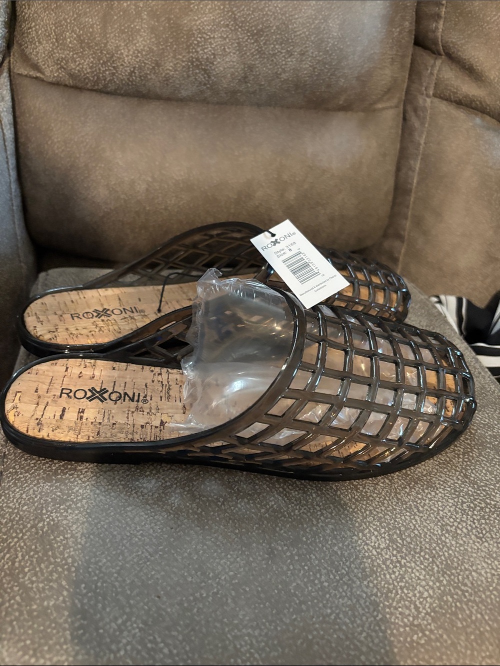 NWT Roxoni Black Jelly Mesh Slide Sandals Clogs Cork Footbed Size 8